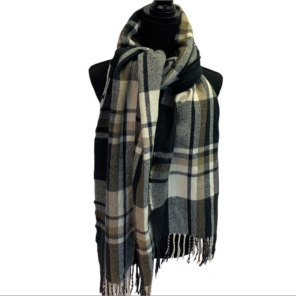 Black gray ivory brown plaid check warm soft fall winter unisex blanket scarf 💥 - Picture 3 of 8